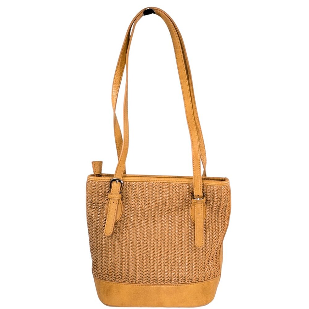 Miztique Tan Faux Leather Woven Medium Zip Tote Shoulder Bag